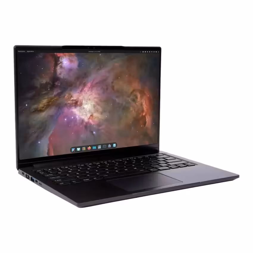 Lemur Pro de System76 sous Panther Lake avec Core Ultra 5 325 démarre à 1 999 dollars 2 Laptop System76 Lemur Pro écran affichant une galaxie, fond blanc, faible contraste