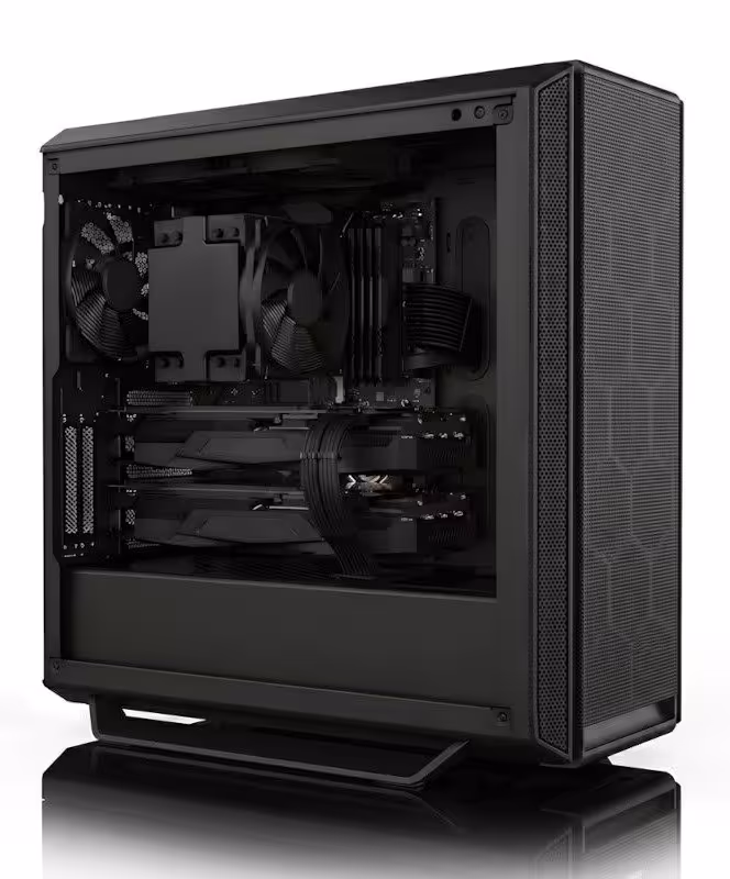 Nexus AI Workstation : Slimbook lance deux stations IA jusqu’au Threadripper PRO 9995WX 2 Boîtier PC Slimbook Nexus AI Workstation ouvert, montrant ventilateurs, GPU et refroidissement interne