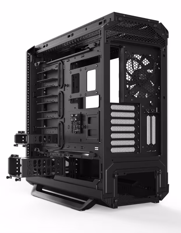 Nexus AI Workstation : Slimbook lance deux stations IA jusqu’au Threadripper PRO 9995WX 4 Châssis noir Slimbook Nexus AI Workstation vu trois-quarts, avec structure interne et grille arrière visibles