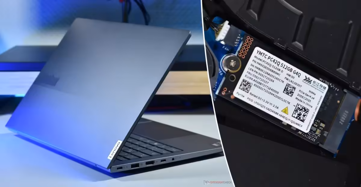 SSD YMTC dans un Lenovo ThinkBook 14 G9 : des débits PCIe 4.0 mais des limites nettes 2 Lenovo Thin, SSD YMTC en gros plan, éclairage professionnel, fond net et sombre