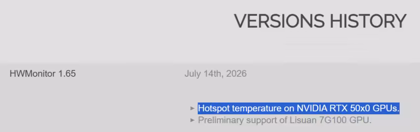 RTX 50 hotspot : HWMonitor 1.65 réactive la sonde thermique sur les GeForce RTX 50 2 NVIDIA RTX 50 hotspot sensor now works in HWMonitor