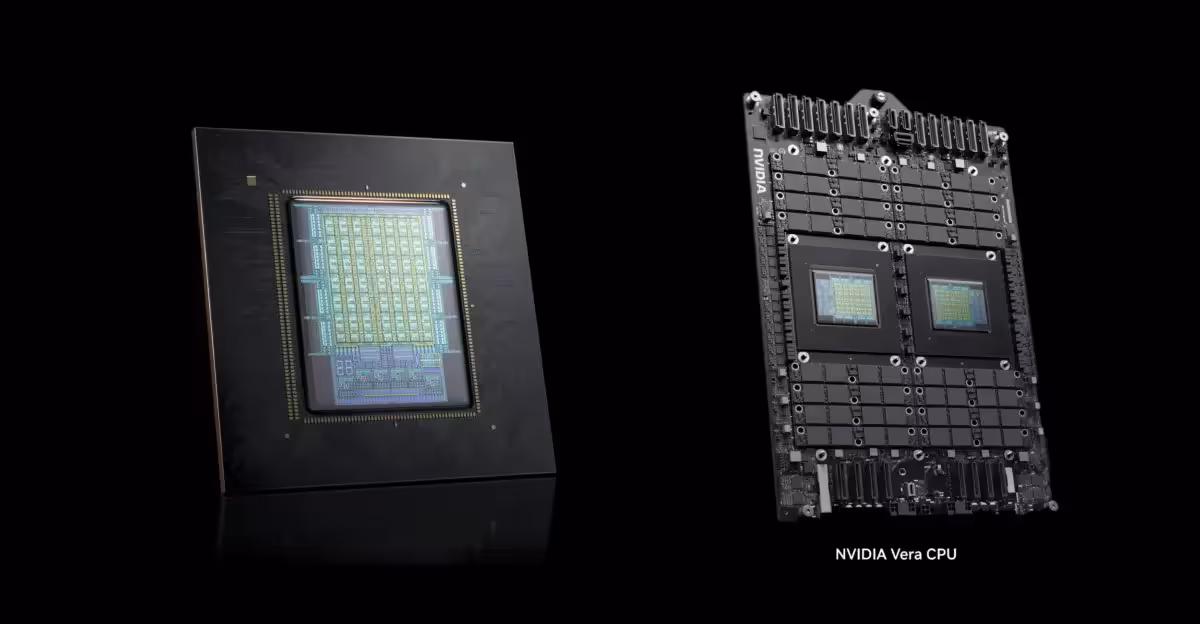 Module NVIDIA Vera dual-socket et carte mère, éclairage studio, fond noir contrasté.