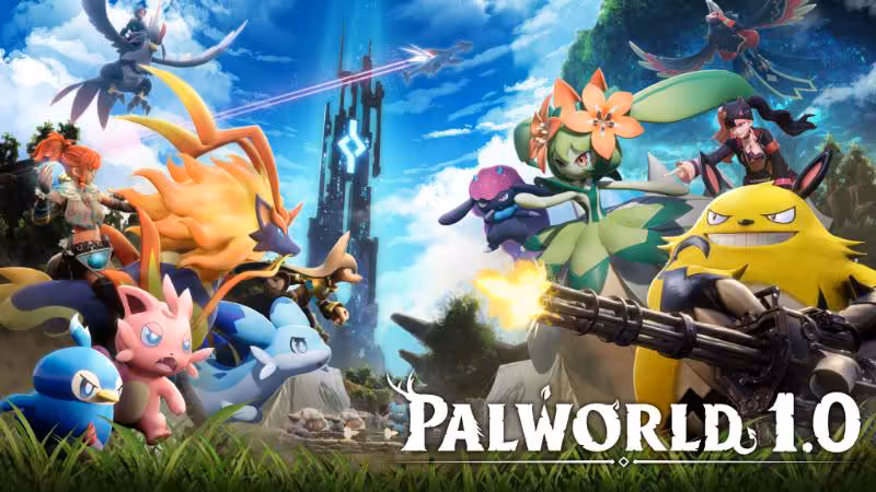 Illustrations officielles de Palworld 1.0 avec Pals et logo du jeu