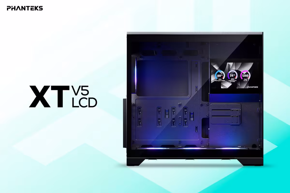 Boîtier Phanteks XT V5 LCD noir, vue de face avec écran LCD intégré et éclairage violet