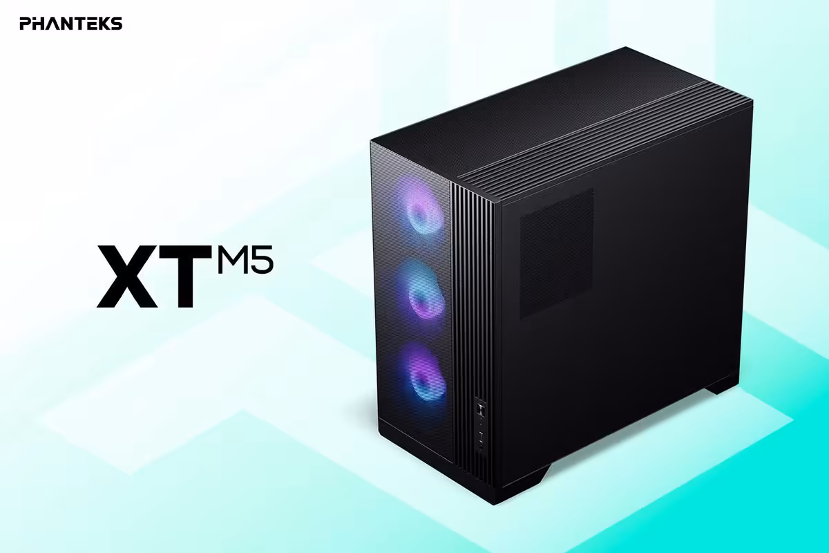 Boîtier Phanteks XT M5 noir, vue trois-quarts avec trois ventilateurs RGB en façade