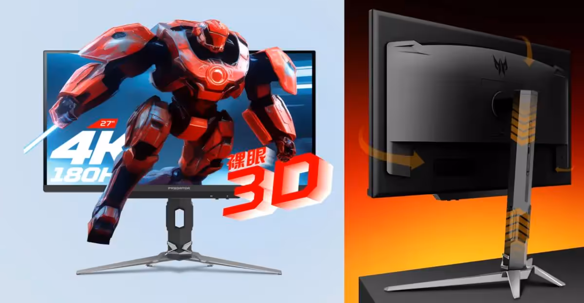 Écran gaming 4K Predator avec robot rouge, arrière-plan bleu, support métallique