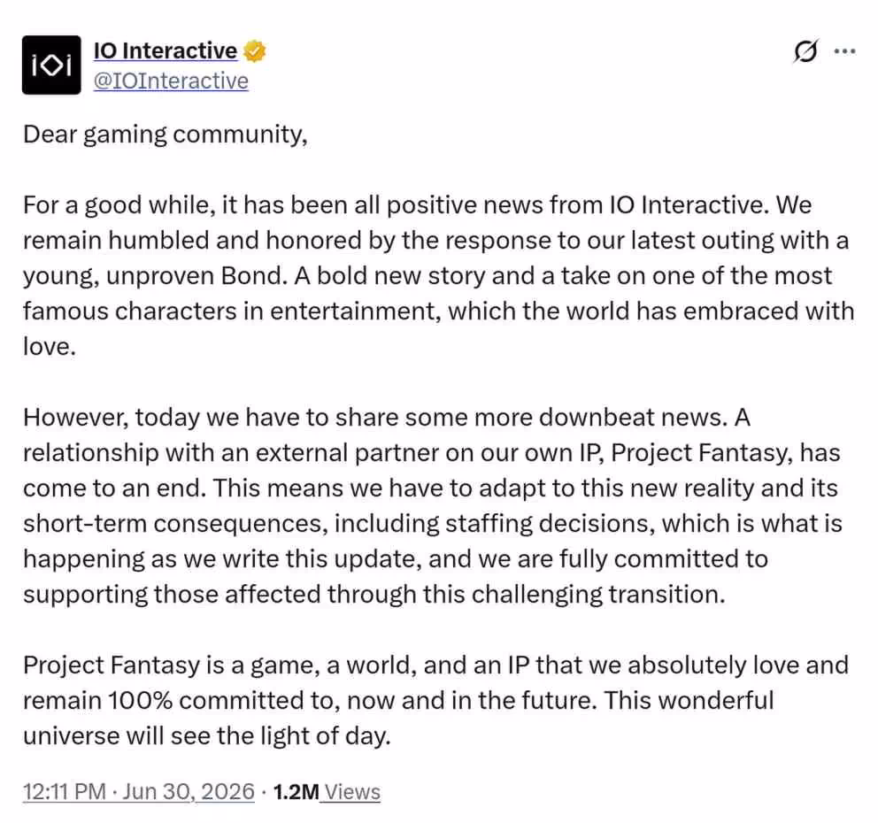 Capture d’écran d’un post IO Interactive annonçant l’arrêt du projet Project Fantasy et des décisions de staffing
