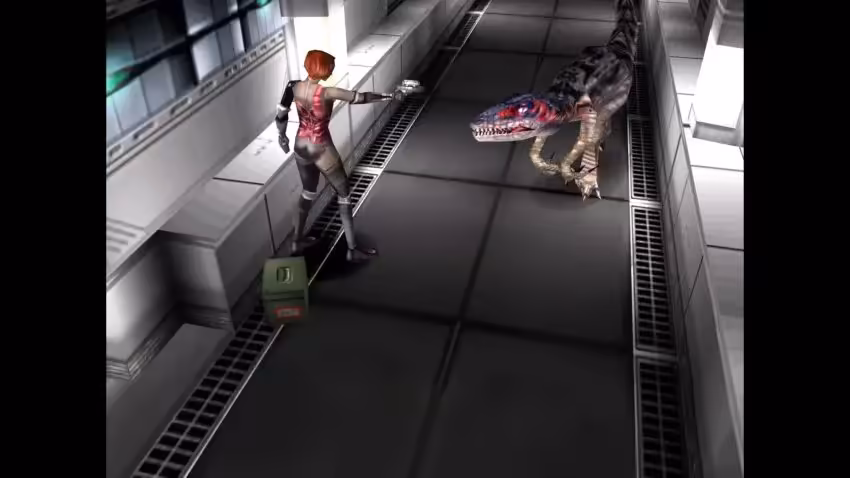 Capture écran de jeu vidéo avec personnage affrontant un dinosaure dans un couloir terne