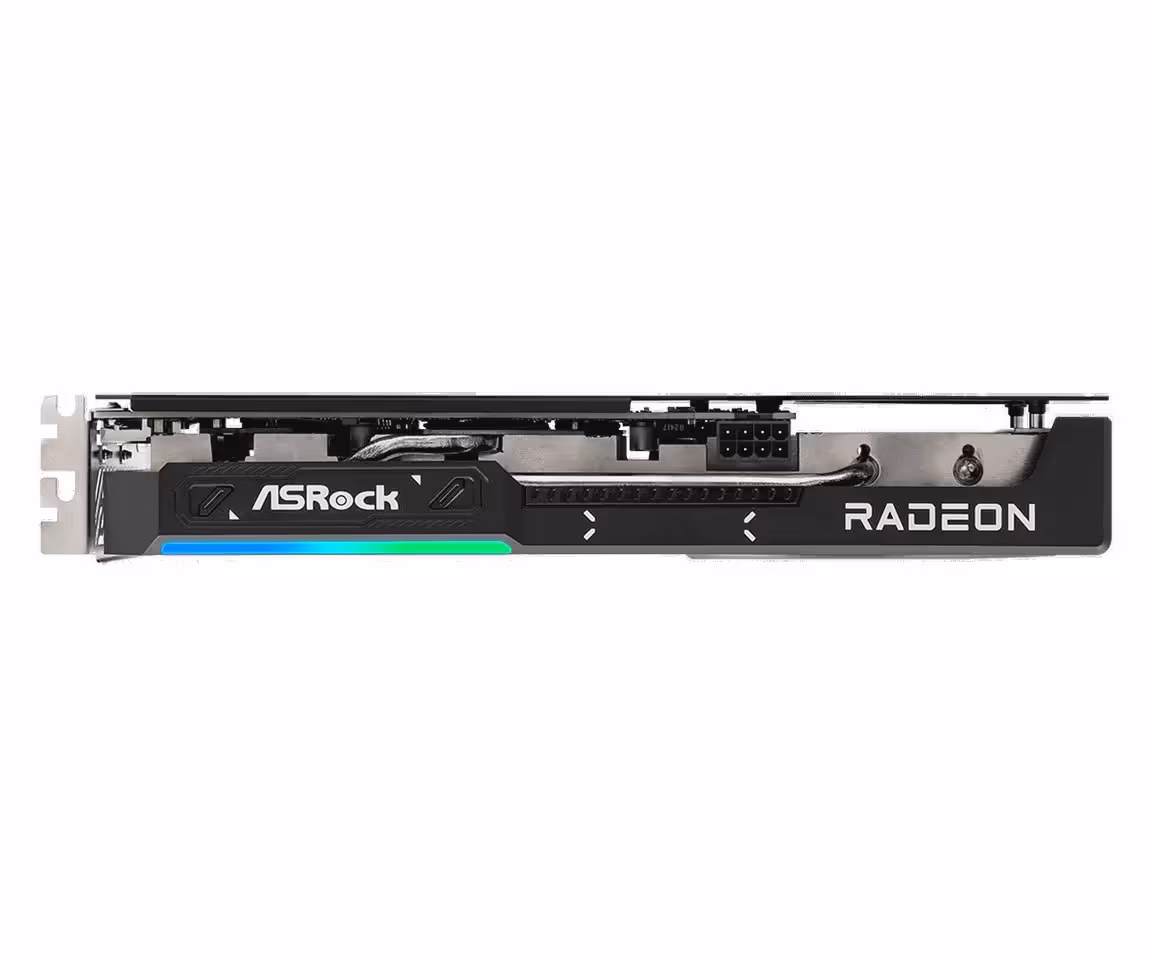 Carte graphique ASRock Radeon, vue de profil avec logo Radeon et éclairage RGB