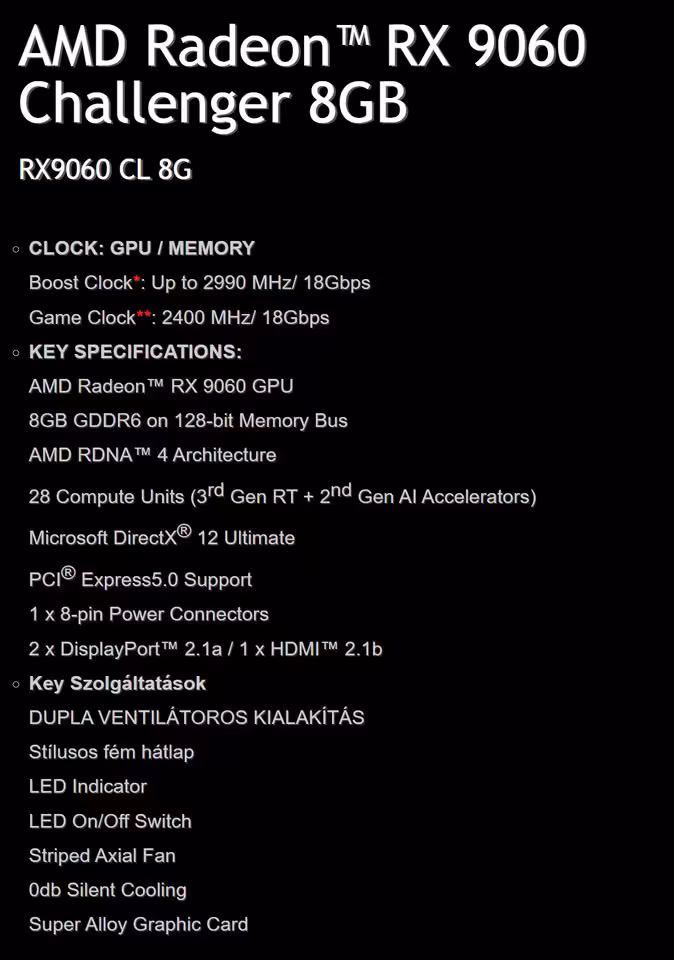 Fiche technique AMD Radeon RX 9060 Challenger 8GB, spécifications et caractéristiques en anglais