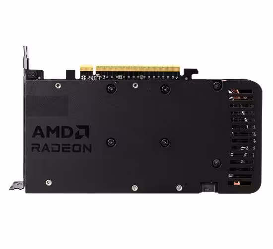 Face arrière de la carte graphique AMD Radeon, backplate noire et grille d’aération