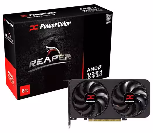 Boîte PowerColor Reaper AMD Radeon RX 9050 8GB avec carte graphique deux ventilateurs