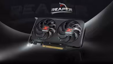 Visuel promotionnel PowerColor Reaper avec carte graphique à deux ventilateurs sur fond noir