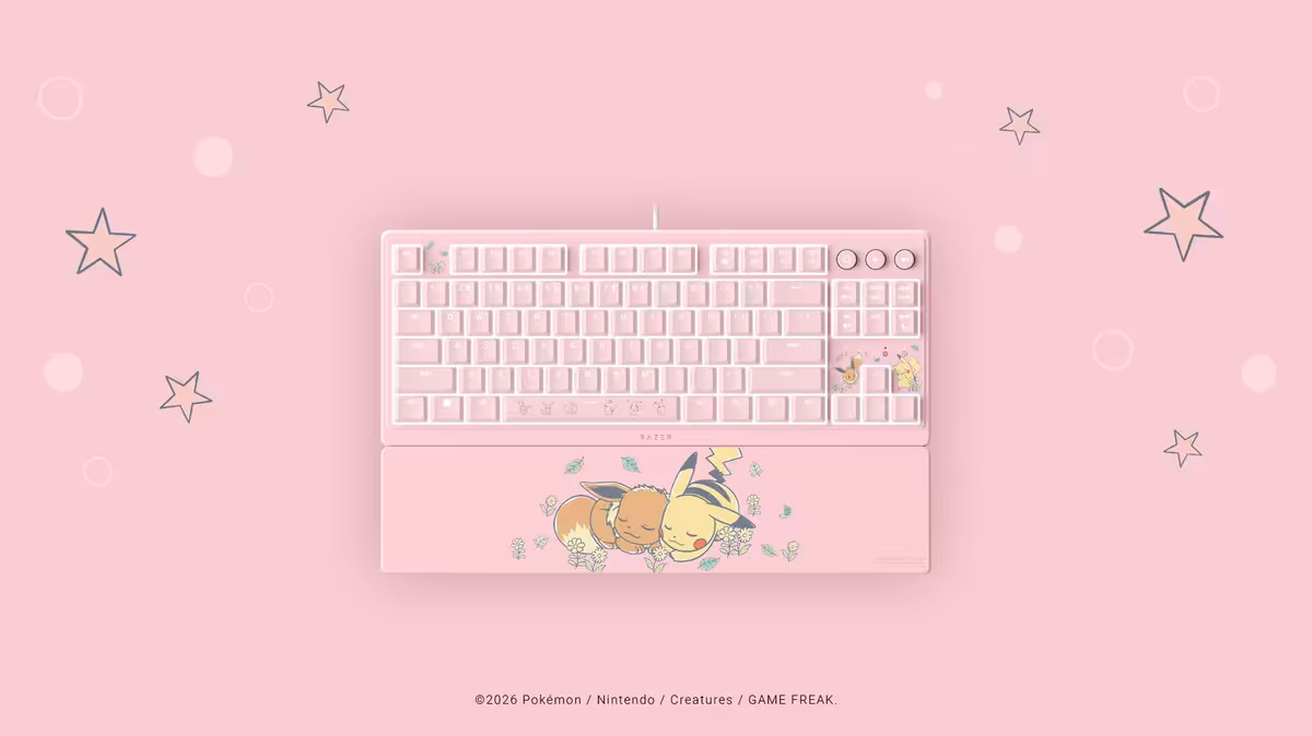 Razer Pikachu & Eevee Collection : 4 périphériques gaming Pokémon lancés à l'international 7 Clavier gaming Razer rose vu de face avec repose-poignet Pikachu et Eevee