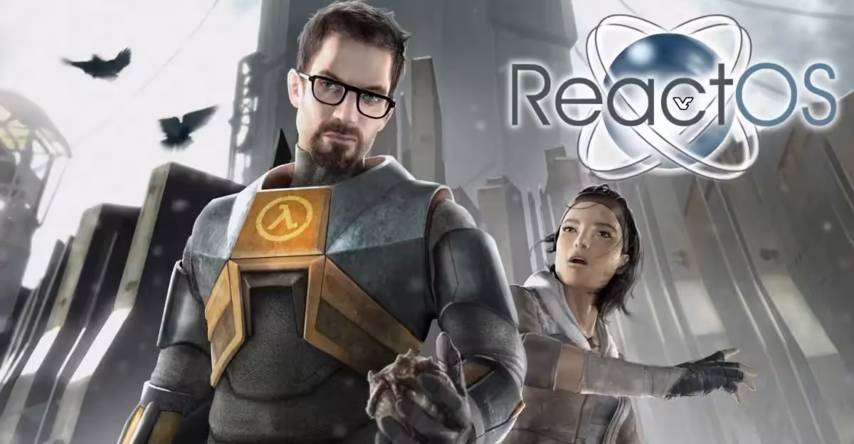 Image promotionnelle ReactOS avec personnage de jeu vidéo en avant-plan, éclairage vif et fond contrasté.