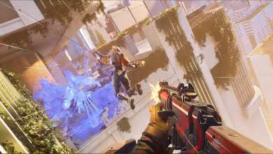 Capture d’écran de gameplay d’un shooter futuriste à la première personne, arme rouge et violet visible.