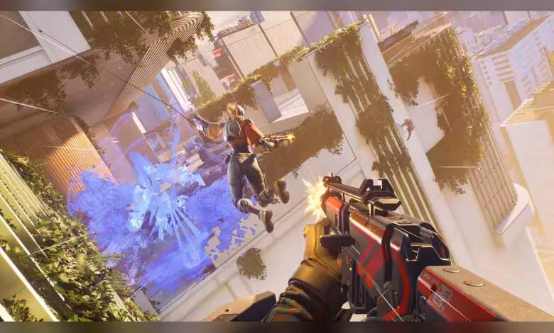 1047 Games licencie encore après Empulse, trois semaines seulement après sa sortie 1 Capture d’écran de gameplay d’un shooter futuriste à la première personne, arme rouge et violet visible.