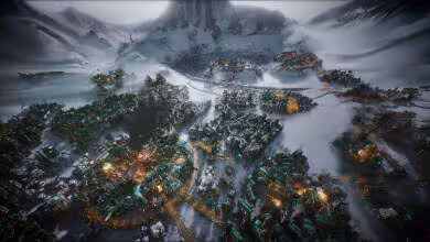 Vue aérienne d’une ville fantaisiste enneigée dans un jeu vidéo de stratégie, bâtiments illuminés et montagnes autour