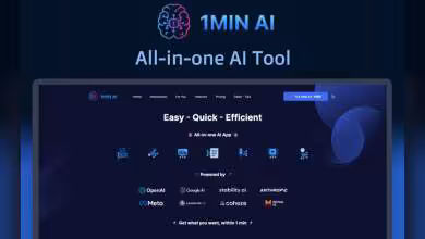 Capture d’écran de l’interface 1MIN AI, outil IA tout-en-un, avec logos OpenAI, Google AI et Anthropic visibles