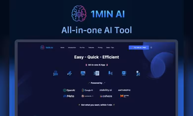 1min.AI à vie à 79,97 $ : GPT, Claude, Gemini et 4,45 M de crédits par mois 1 Capture d’écran de l’interface 1MIN AI, outil IA tout-en-un, avec logos OpenAI, Google AI et Anthropic visibles