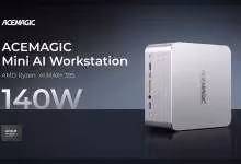 Mini PC Acemagic F9A AI Workstation blanc, design compact, AMD Ryzen AI Max+ 395, 140W