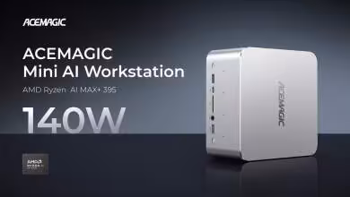 Mini PC Acemagic F9A AI Workstation blanc, design compact, AMD Ryzen AI Max+ 395, 140W