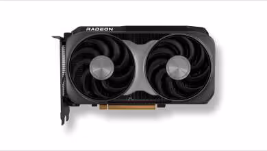 Carte graphique AMD Radeon noire à double ventilateur, design compact avec logo RADEON visible