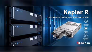 Bannière Akasa Kepler R 2U fanless rackmount avec PSU redondante et plusieurs châssis en rack.