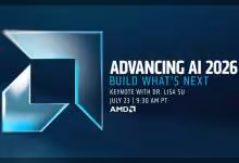 Visuel AMD Advancing AI 2026 avec logo AMD, keynote Lisa Su, texte « Build What’s Next » et date