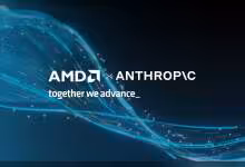 Visuel promotionnel AMD x Anthropic avec fond bleu abstrait et slogan “together we advance”