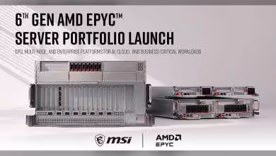 Serveurs MSI compatibles AMD EPYC 6e génération, châssis rack gris, affiche “6th Gen AMD EPYC Server Portfolio Launch”