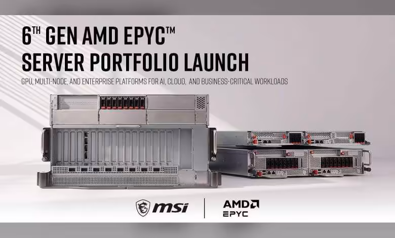 AMD EPYC 6e génération : MSI déploie 12 serveurs pour l’IA, le cloud et le HPC 1 Serveurs MSI compatibles AMD EPYC 6e génération, châssis rack gris, affiche “6th Gen AMD EPYC Server Portfolio Launch”