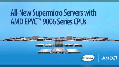 Visuel promotionnel Supermicro annonçant des serveurs avec processeurs AMD EPYC 9006, fond bleu, logos Supermicro et AMD