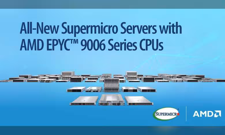 AMD EPYC 9006 : Supermicro lance une gamme serveurs H15 taillée pour l’IA et le HPC 1 Visuel promotionnel Supermicro annonçant des serveurs avec processeurs AMD EPYC 9006, fond bleu, logos Supermicro et AMD