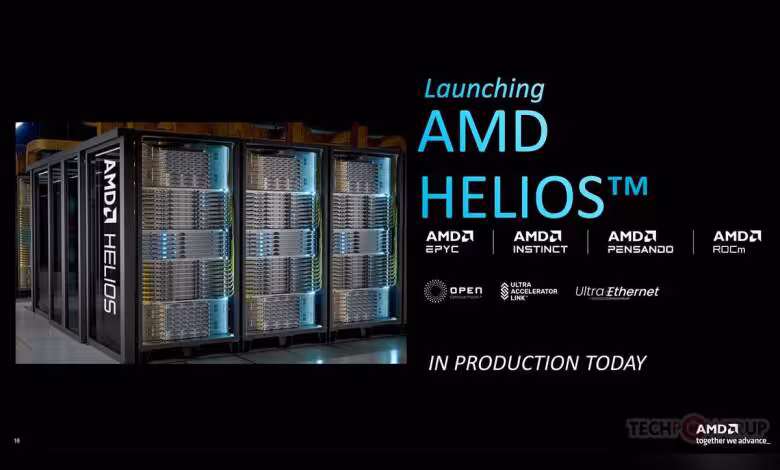 AMD Instinct MI400 et Helios : CDNA 5 passe au 2 nm et vise frontalement NVIDIA 1 Rack AMD Helios en production, avec logos AMD EPYC, Instinct, Pensando et ROCm