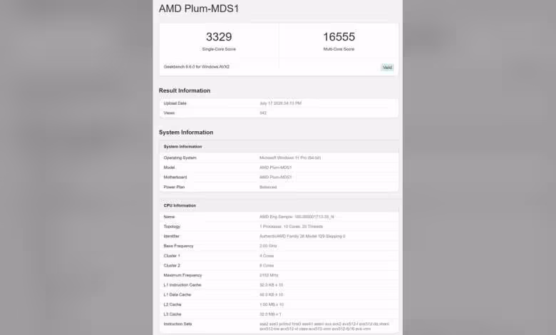Medusa Point : le 10 cœurs Zen 6 d’AMD monte encore sur Geekbench face aux Ryzen AI 1 Capture de résultats Geekbench pour AMD Plum-MDS1 avec score single-core et multi-core détaillés.