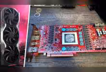 Carte graphique AMD Navi 31 prototype avec ventilateurs, contraste élevé, fond sombre et rouge vibrant