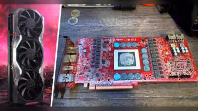 Carte graphique AMD Navi 31 prototype avec ventilateurs, contraste élevé, fond sombre et rouge vibrant
