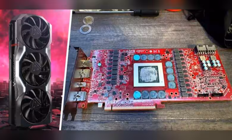 RX 7900 XTX : une carte Navi 31 de préproduction repérée avec seulement 16 Go 1 Carte graphique AMD Navi 31 prototype avec ventilateurs, contraste élevé, fond sombre et rouge vibrant