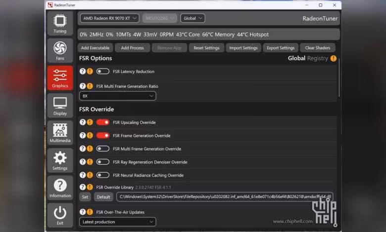 Multi Frame Generation : AMD expose un ratio 8X dans ses pilotes Radeon, sans effet 1 Interface AMD Radeon RX 7900 XT avec options de réglage FSR et paramètres graphiques avancés