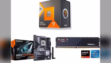 Boîte AMD Ryzen 7, carte mère Gigabyte B650 Eagle et RAM G.Skill Flare X5.