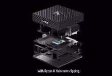 AMD Ryzen AI Halo en vue éclatée couleurs vives fond noir