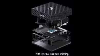 AMD Ryzen AI Halo en vue éclatée couleurs vives fond noir