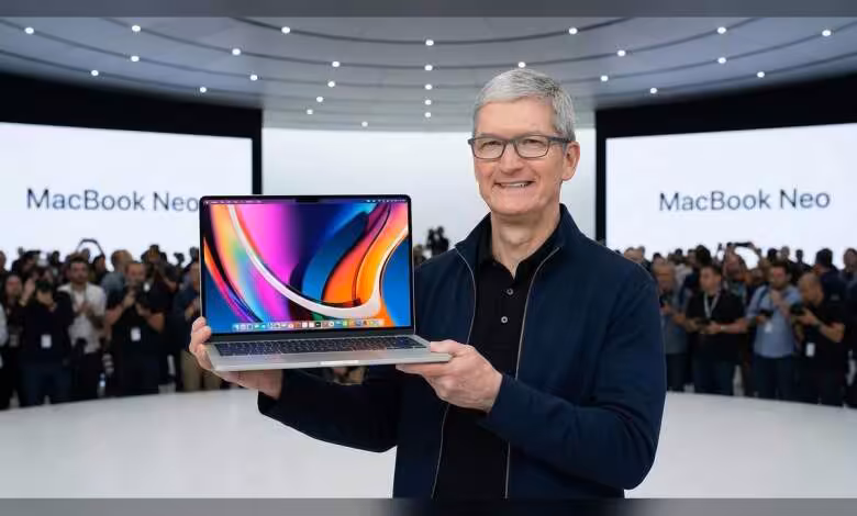 Apple mémoire : Tim Cook anticipe une nouvelle hausse des coûts et cherche plus de fournisseurs 1 Tim Cook présente un MacBook Air Apple ouvert avec écran coloré devant une foule lors d’un événement Apple