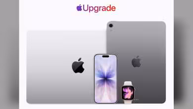 Visuel promotionnel Apple Upgrade avec MacBook, iPhone et Apple Watch sur fond blanc