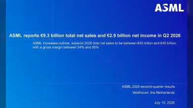 Slide ASML Q2 2026 annonçant 9,3 milliards d’euros de ventes nettes et 2,9 milliards de bénéfice net