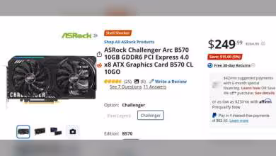 Capture écran ASRock Arc B570 10GB, prix affiché $249.99 sur site de vente en ligne.
