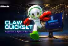 Visuel promotionnel ASRock Claw Quickset, mascotte robotique verte et rouge devant écran affichant interface IA locale