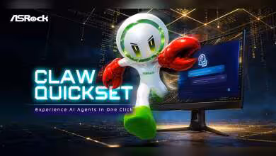 Visuel promotionnel ASRock Claw Quickset, mascotte robotique verte et rouge devant écran affichant interface IA locale