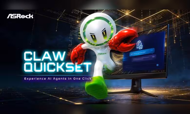 ASRock Claw Quickset démocratise l’IA locale sur Windows en quelques clics 1 Visuel promotionnel ASRock Claw Quickset, mascotte robotique verte et rouge devant écran affichant interface IA locale